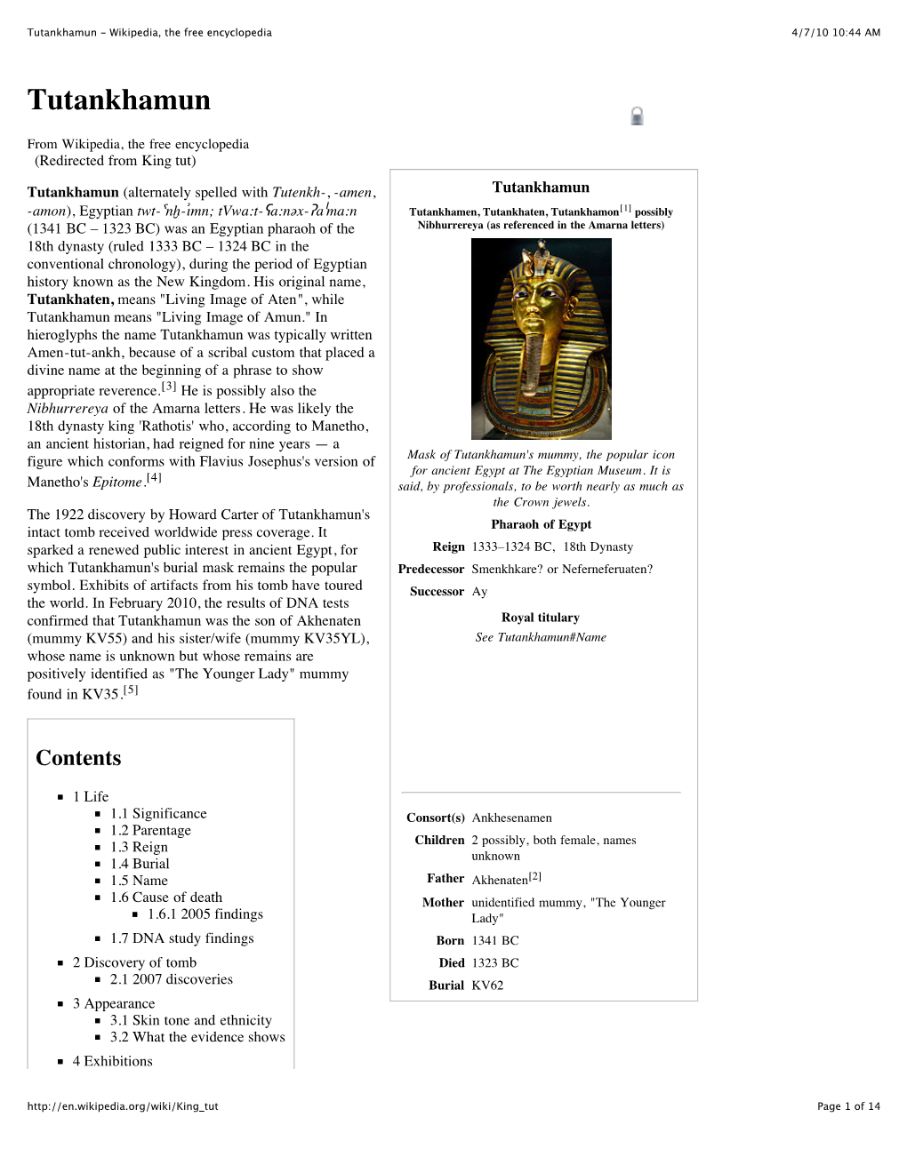 Tutankhamun - Wikipedia, the Free Encyclopedia 4/7/10 10:44 AM