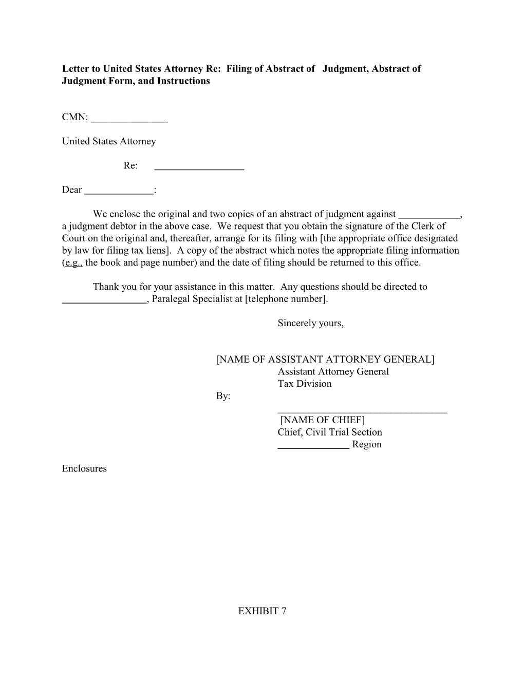 Letter to United States Attorney Re: Filing of Abstract of Judgment, Abstract of Judgment Form, and Instructions