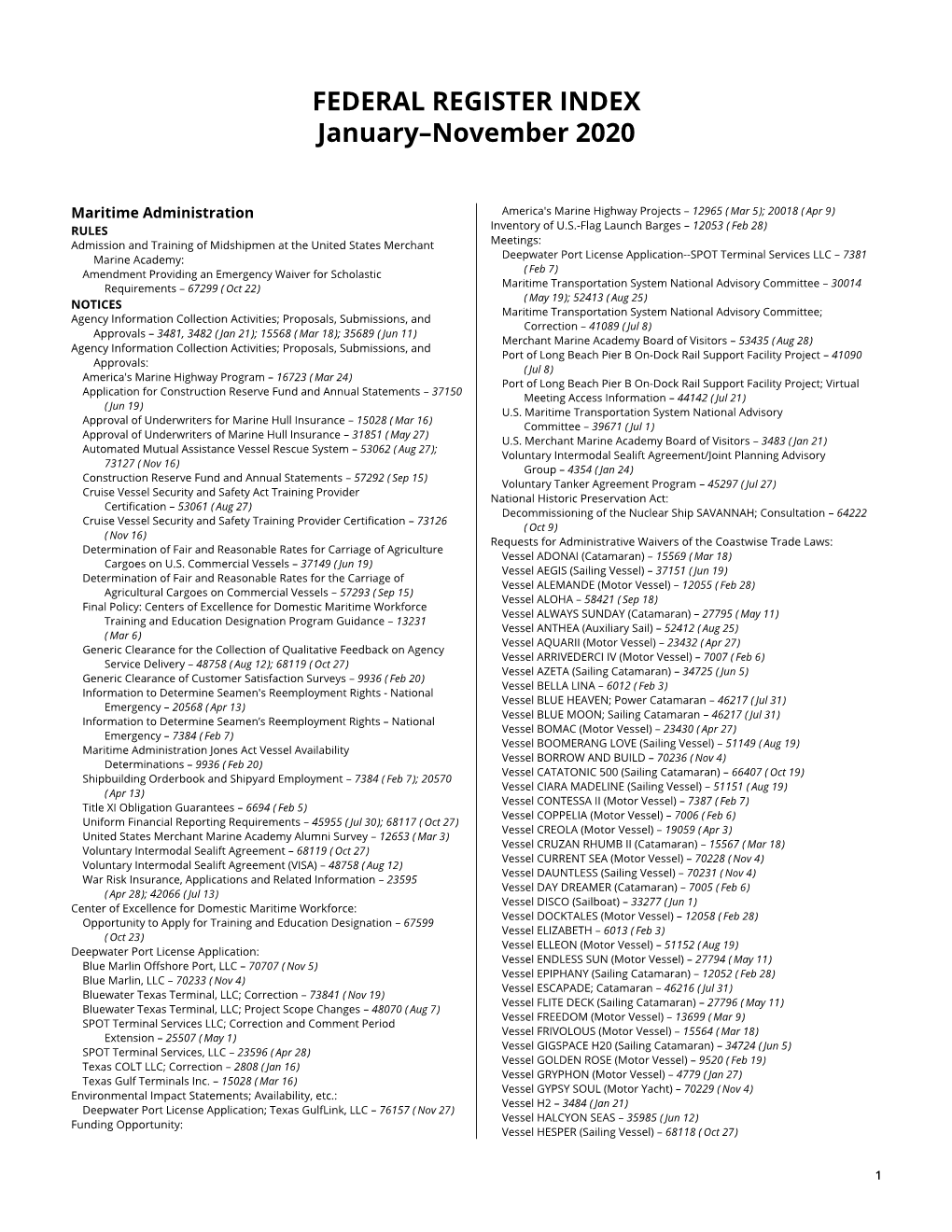 FEDERAL REGISTER INDEX January–November 2020