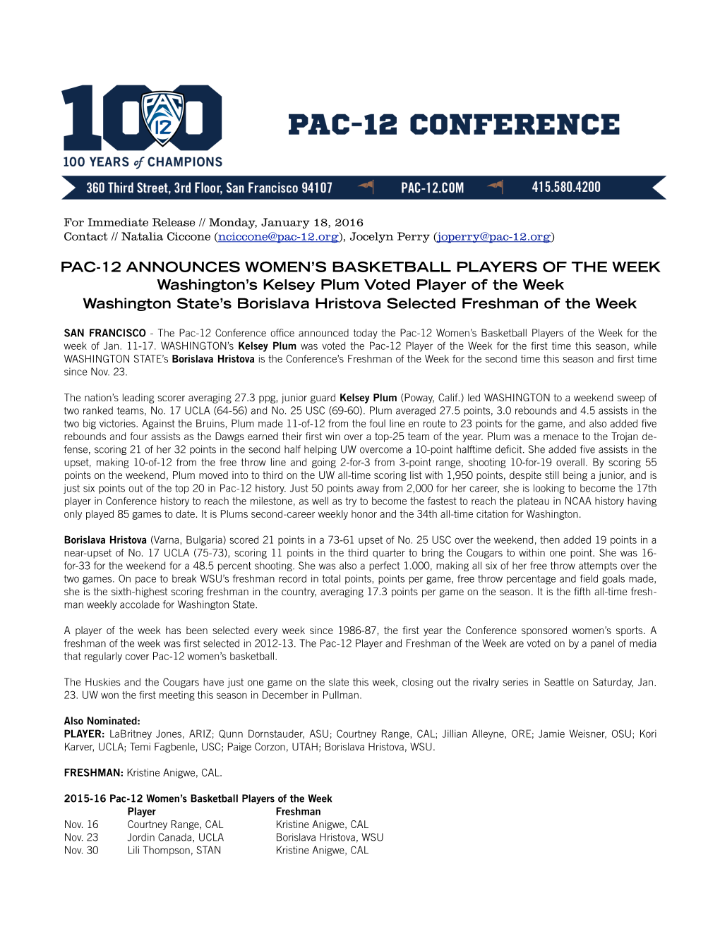 Pac-12 Announces Women's Basketball Players of The
