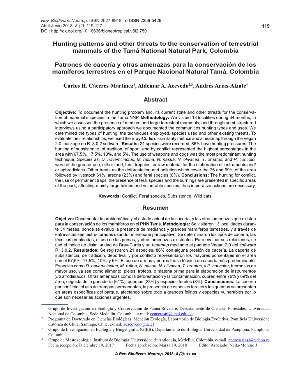 Hunting Patterns and Other Threats to the Conservation of Terrestrial Mammals of the Tamá National Natural Park, Colombia