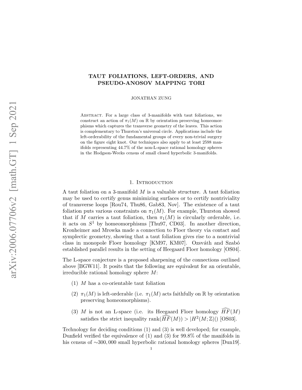 Taut Foliations, Left-Orders, and Pseudo-Anosov Mapping Tori