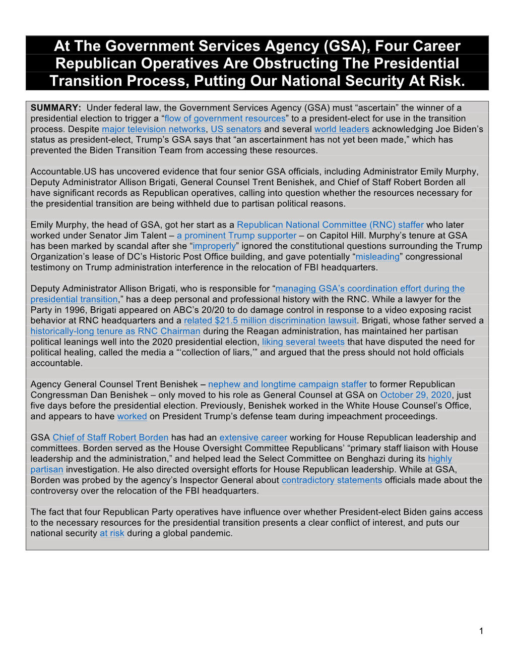 At the Government Services Agency (GSA), Four Career Republican Operatives Are Obstructing the Presidential Transition Process, Putting Our National Security at Risk