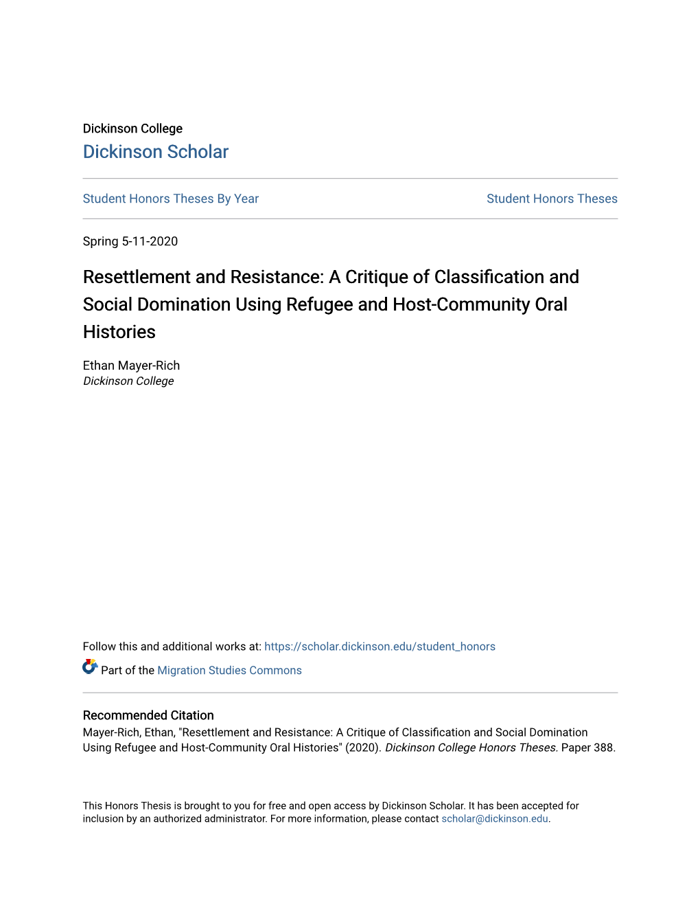 Resettlement and Resistance: a Critique of Classification and Social Domination Using Refugee and Host-Community Oral Histories