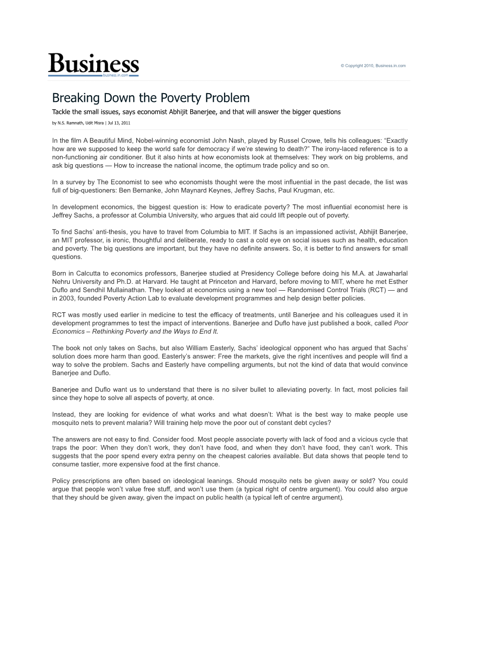 Breaking Down the Poverty Problem Tackle the Small Issues, Says Economist Abhijit Banerjee, and That Will Answer the Bigger Questions by N.S