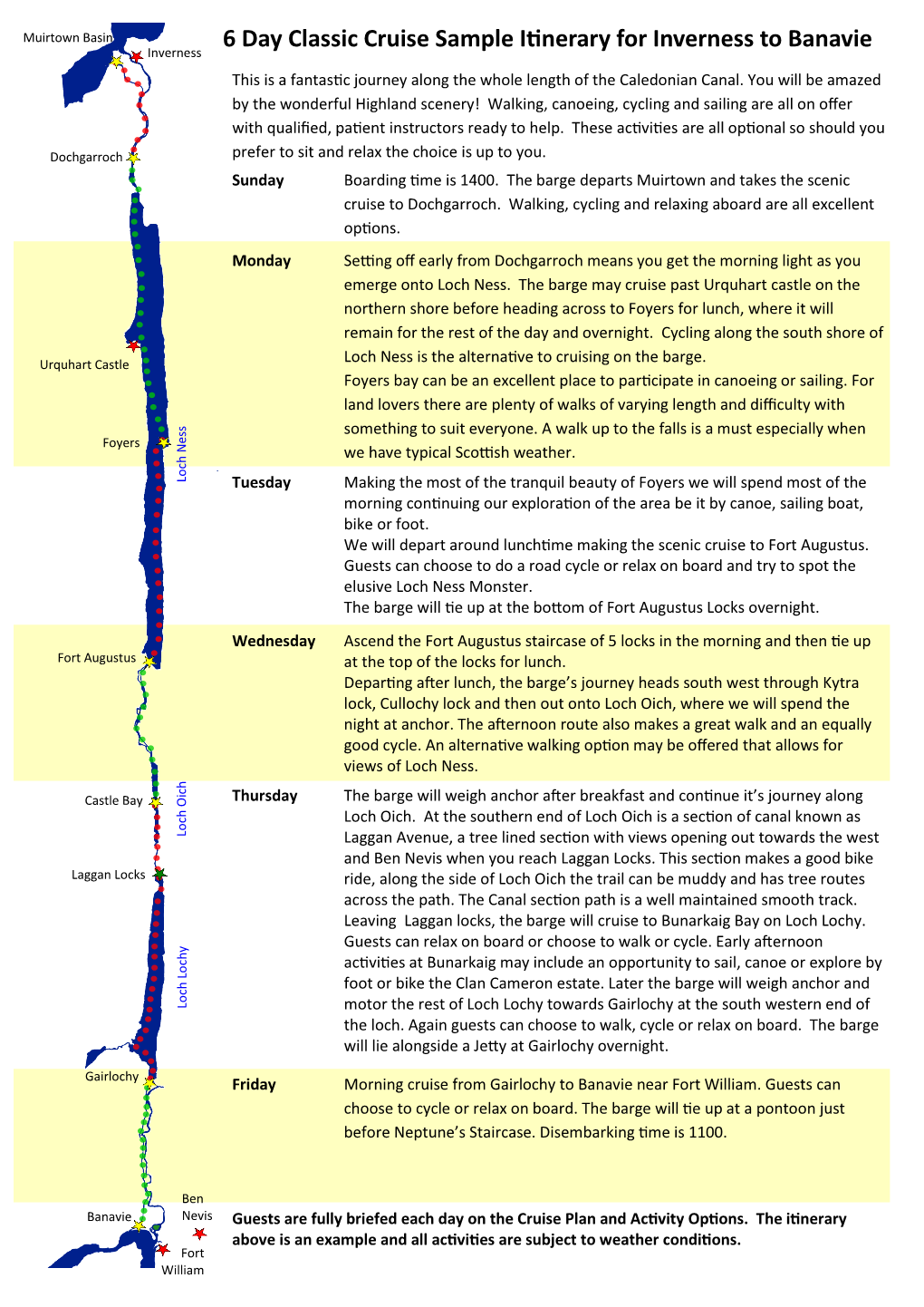 6 Day Classic Cruise Sample Itinerary for Inverness to Banavie Inverness This Is a Fantastic Journey Along the Whole Length of the Caledonian Canal