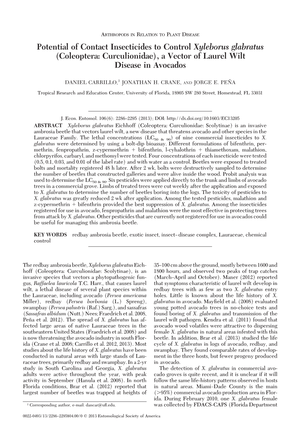 Potential of Contact Insecticides to Control Xyleborus Glabratus (Coleoptera: Curculionidae), a Vector of Laurel Wilt Disease in Avocados