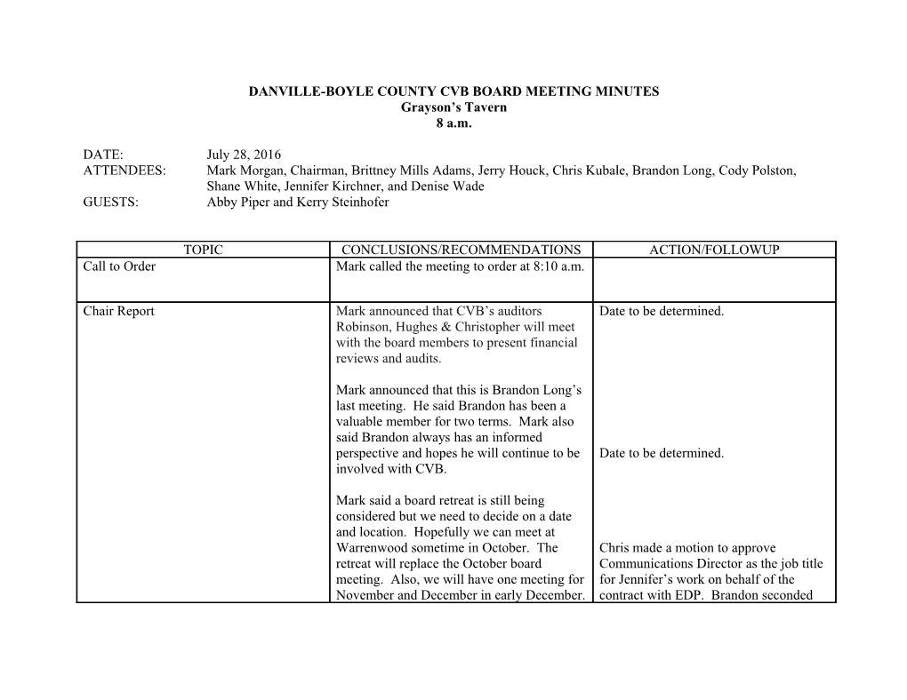 Danville-Boyle County Cvb Board Meeting Minutes