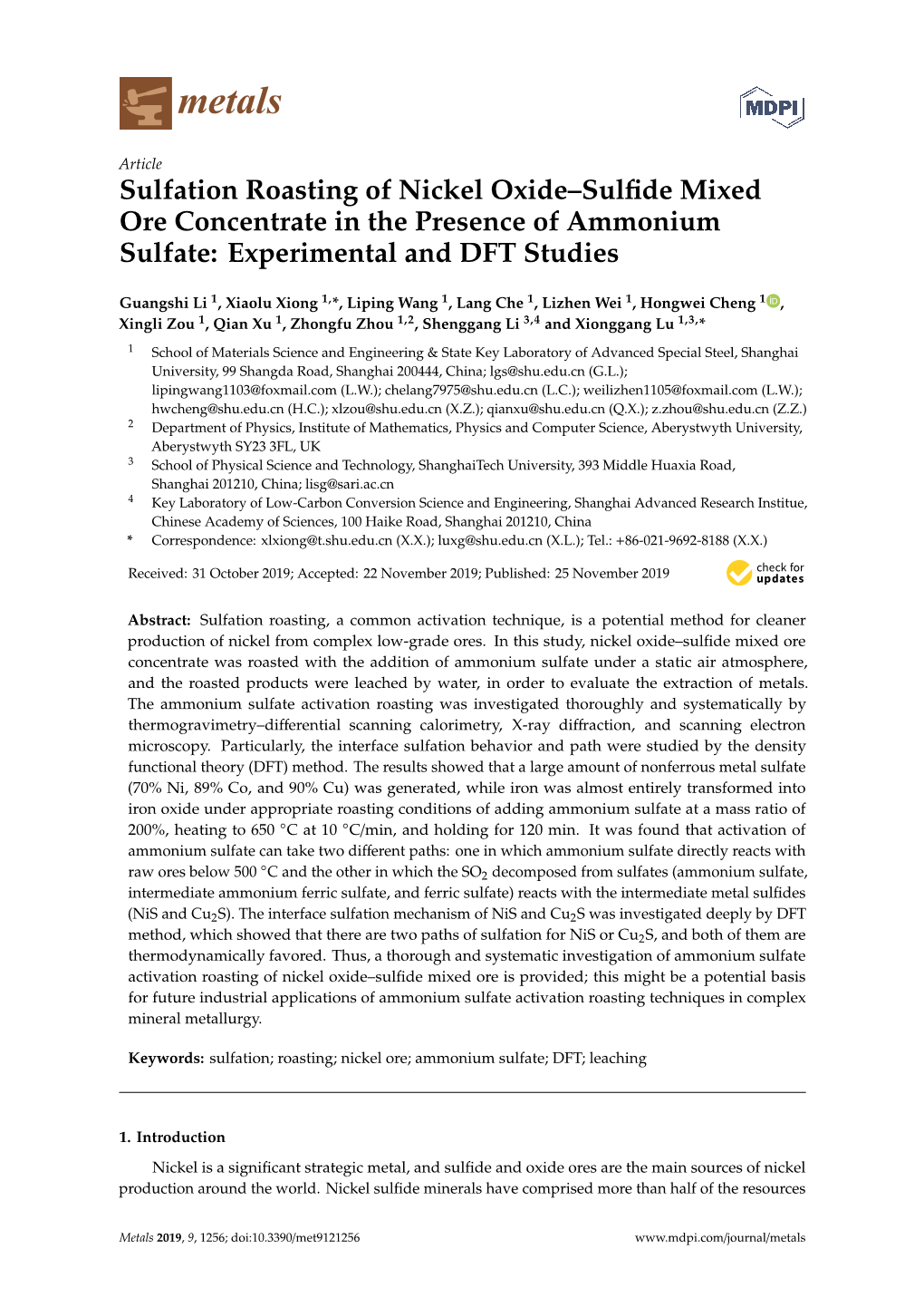 Sulfation Roasting of Nickel Oxide–Sulfide Mixed Ore Concentrate In