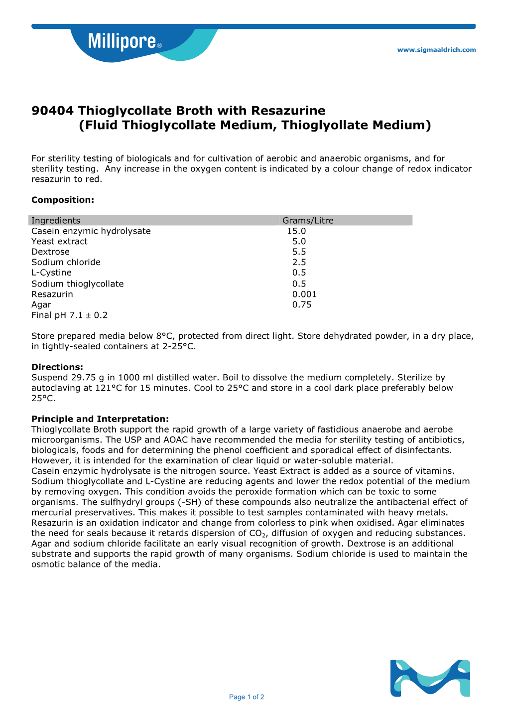 90404 Thioglycollate Broth with Resazurine (Fluid Thioglycollate Medium, Thioglyollate Medium)