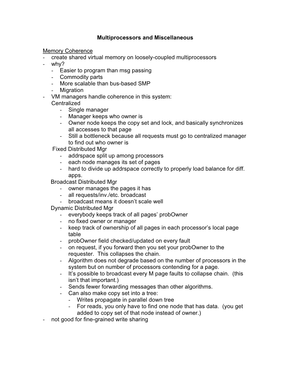 Multiprocessors and Miscellaneous Memory Coherence