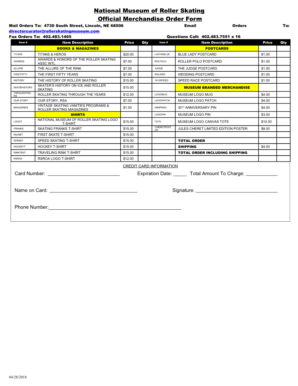 Official USA Roller Sports Merchandise Order Form