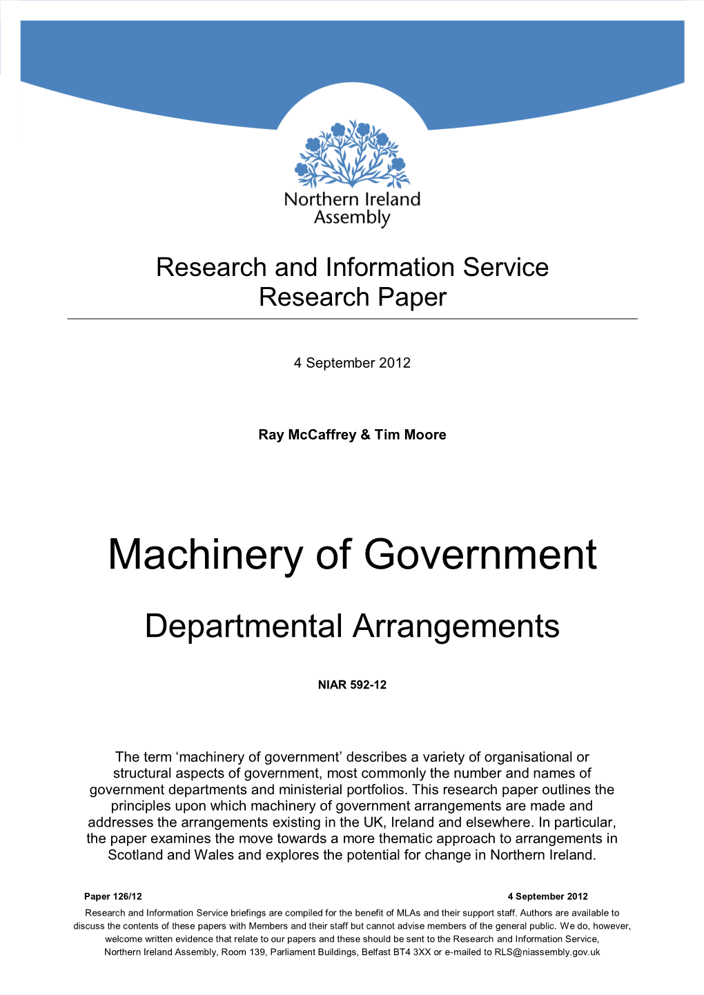 Machinery of Government Departmental Arrangements