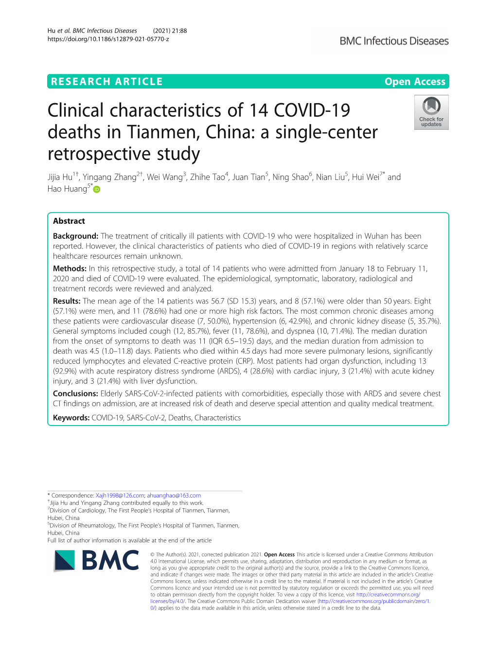 Clinical Characteristics of 14 COVID-19 Deaths in Tianmen, China