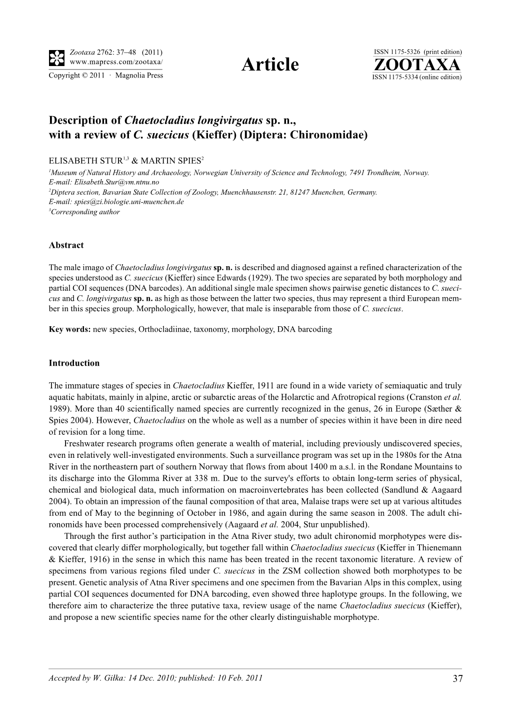 Description of Chaetocladius Longivirgatus Sp. N., with a Review of C