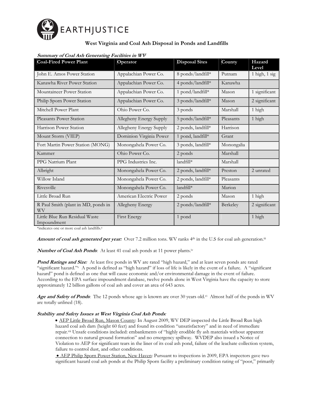 West Virginia and Coal Ash Disposal in Ponds and Landfills