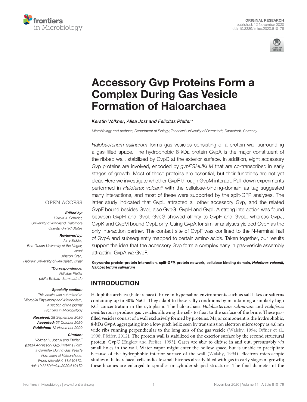 Accessory Gvp Proteins Form a Complex During Gas Vesicle Formation of Haloarchaea