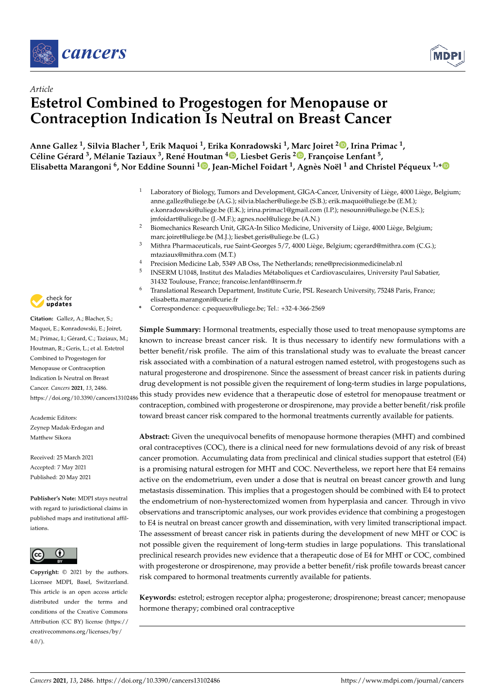 Estetrol Combined to Progestogen for Menopause Or Contraception Indication Is Neutral on Breast Cancer