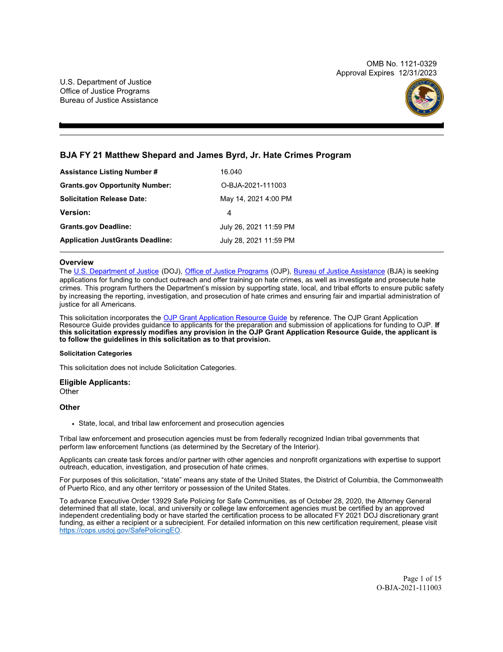 BJA FY 21 Matthew Shepard and James Byrd, Jr. Hate Crimes Program