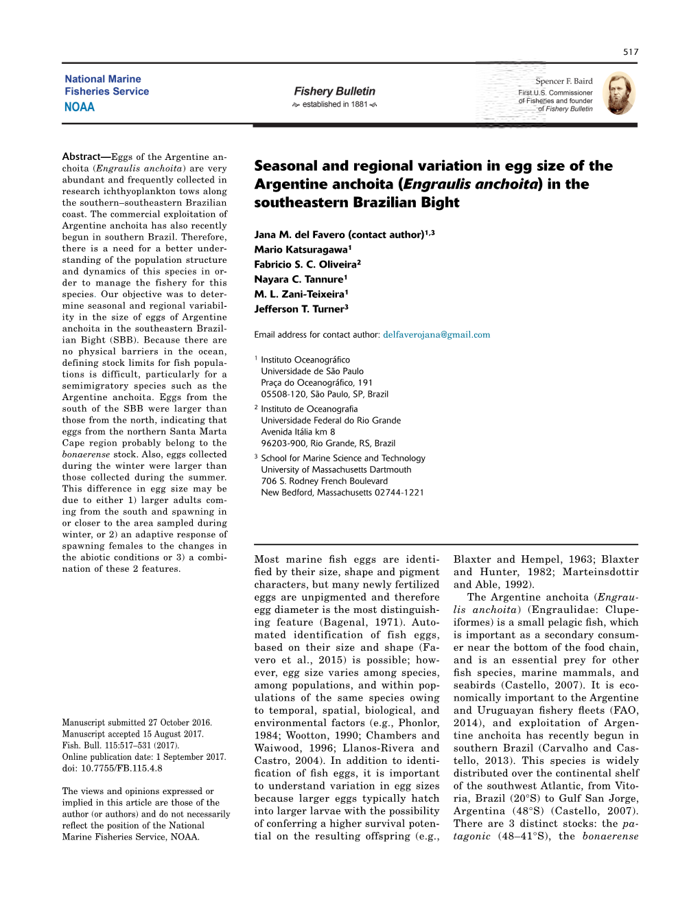 Seasonal and Regional Variation in Egg Size of the Argentine Anchoita