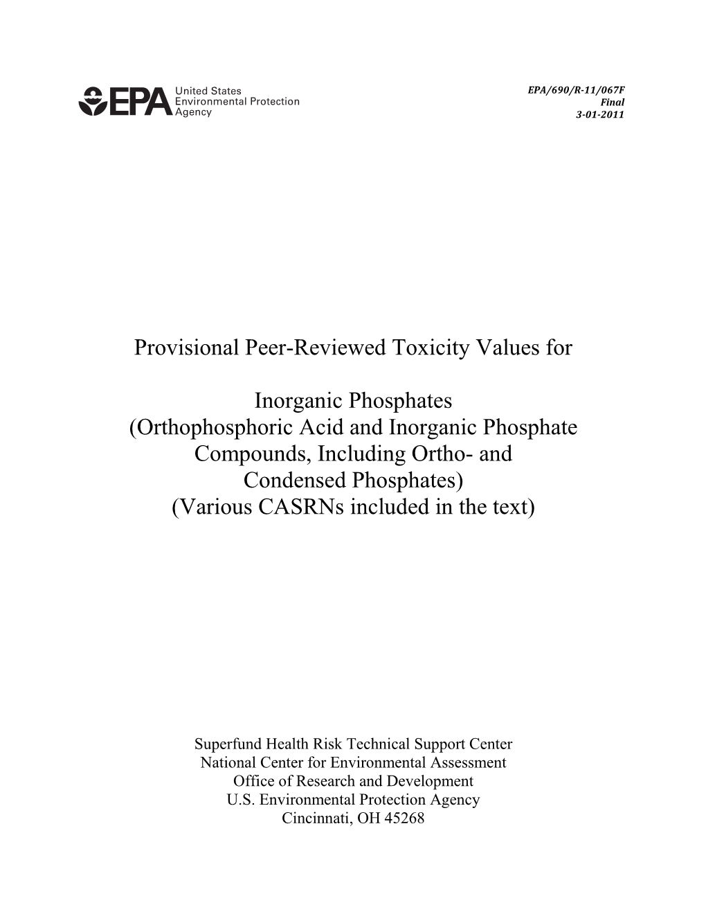 Orthophosphoric Acid and Inorganic Phosphate Compounds, Including Ortho- and Condensed Phosphates) (Various Casrns Included in the Text)