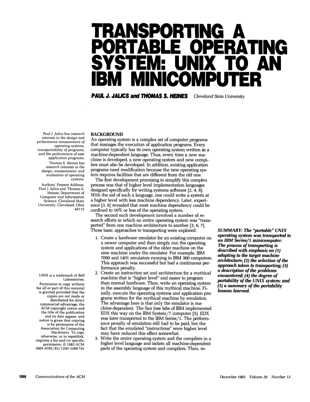 Transporting a Portable Operating System: Unix to an Ibm Minicomputer Paul J
