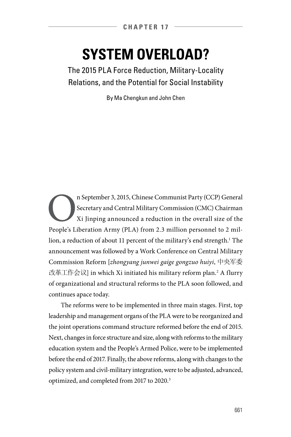 SYSTEM OVERLOAD? the 2015 PLA Force Reduction, Military-Locality Relations, and the Potential for Social Instability