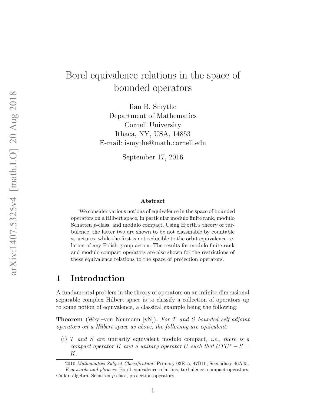 Borel Equivalence Relations in the Space of Bounded Operators