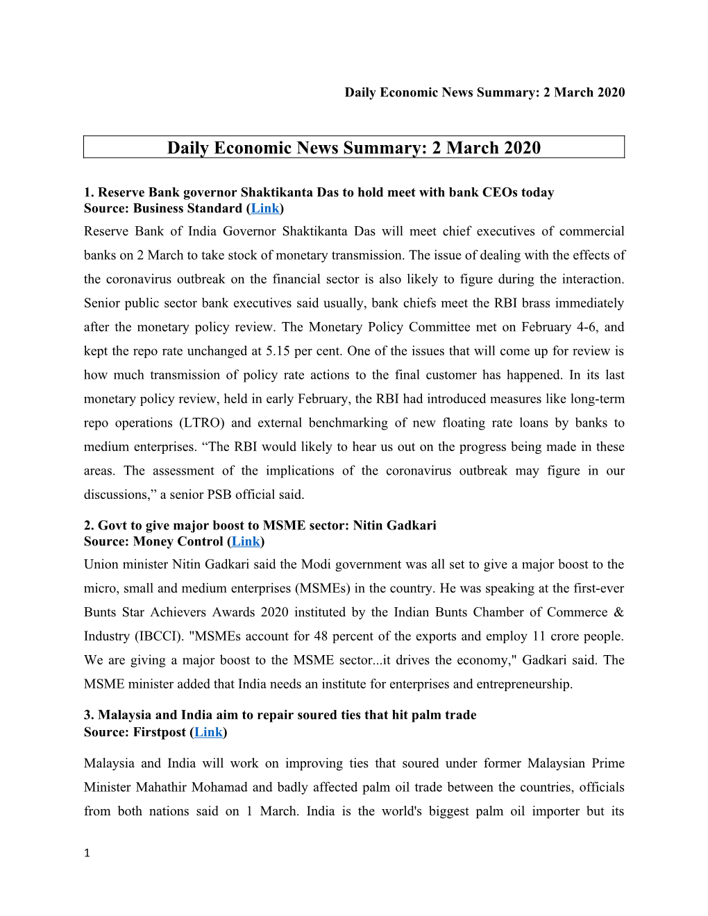 Daily Economic News Summary: 2 March 2020