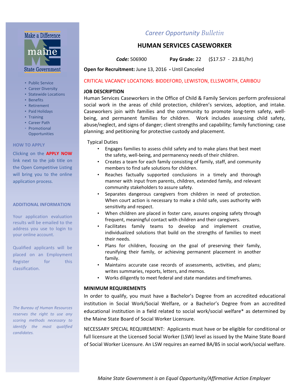 Career Opportunity Bulletin HUMAN SERVICES CASEWORKER