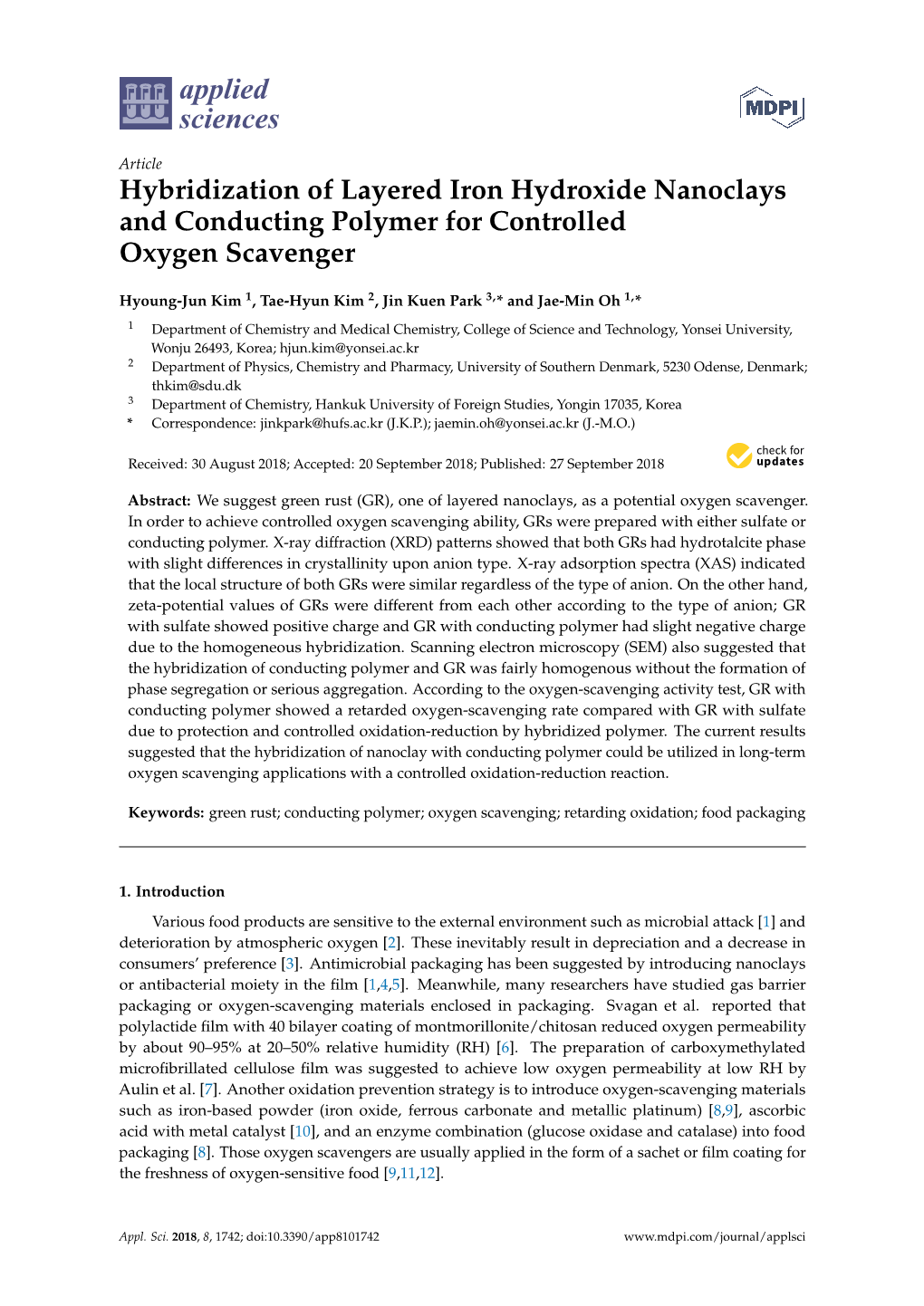 Hybridization of Layered Iron Hydroxide Nanoclays and Conducting Polymer for Controlled Oxygen Scavenger