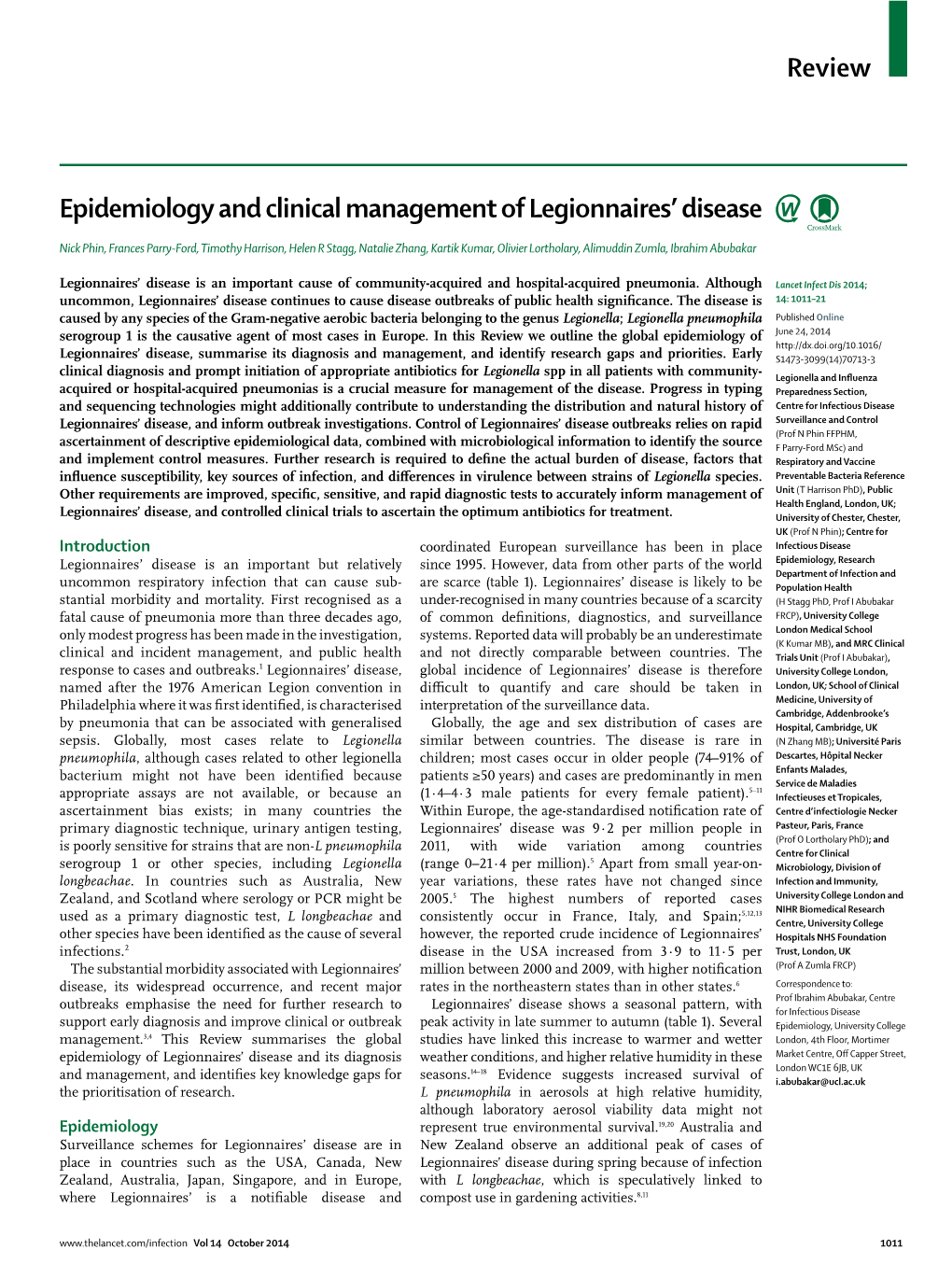 Review Epidemiology and Clinical Management of Legionnaires