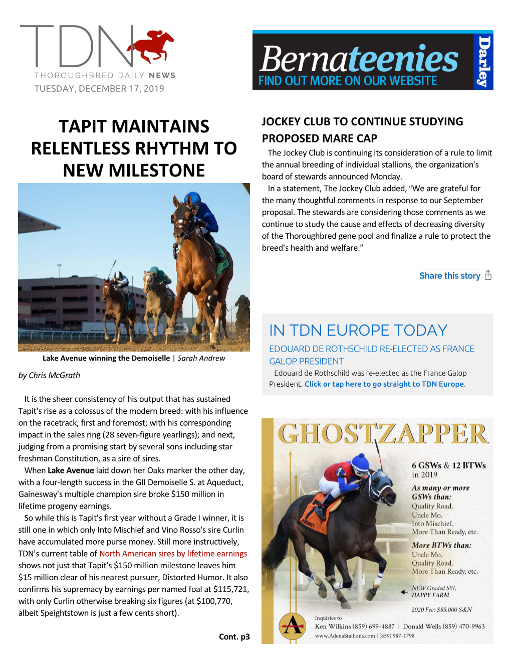 Tapit Maintains Relentless Rhythm to New Milestone