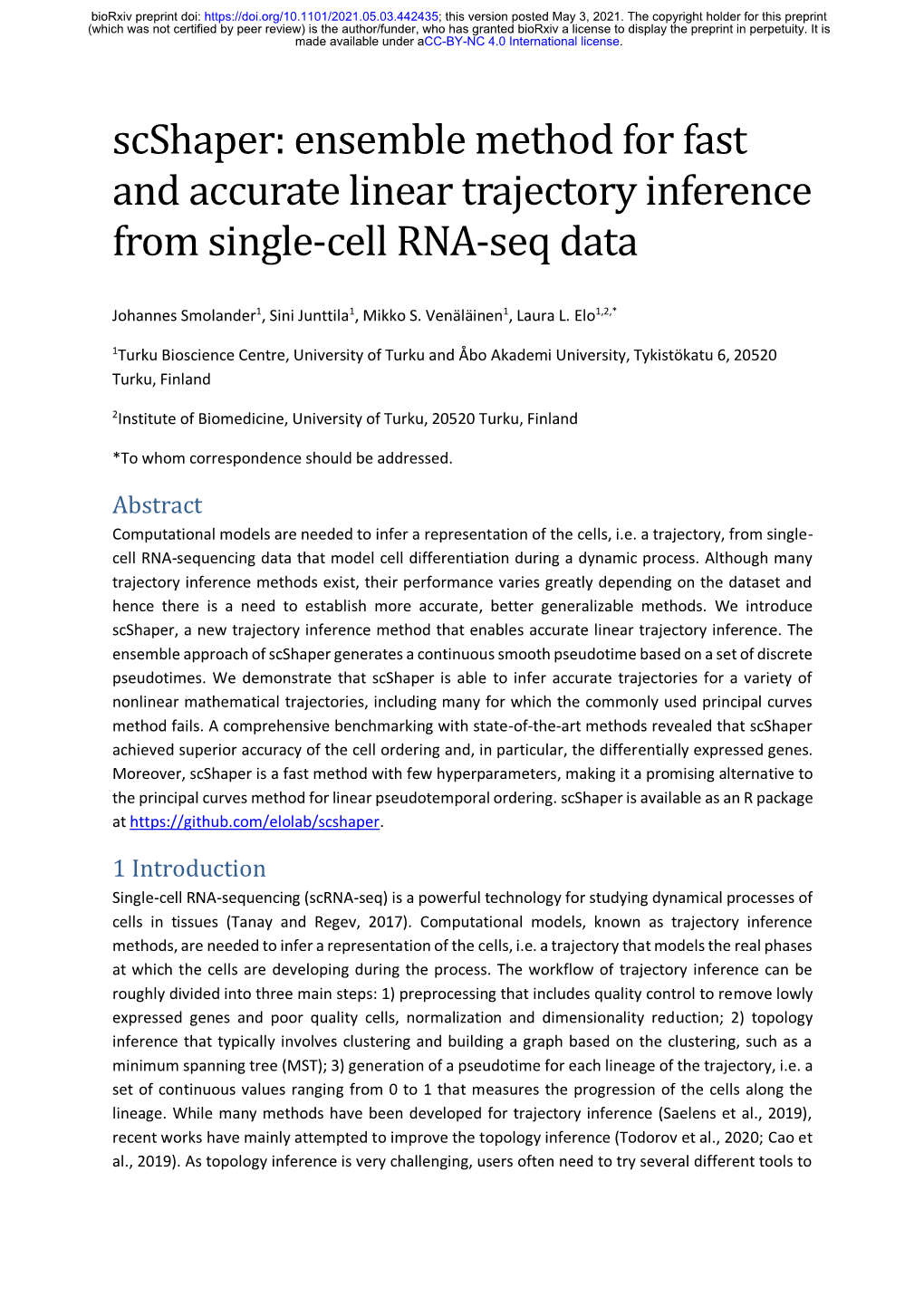 Scshaper: Ensemble Method for Fast and Accurate Linear Trajectory Inference from Single-Cell RNA-Seq Data