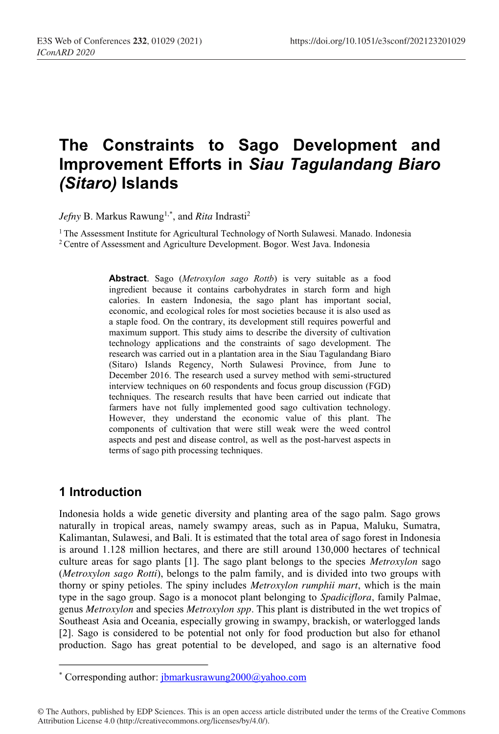 The Constraints to Sago Development and Improvement Efforts in Siau Tagulandang Biaro (Sitaro) Islands