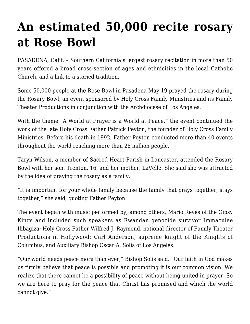 An Estimated 50,000 Recite Rosary at Rose Bowl