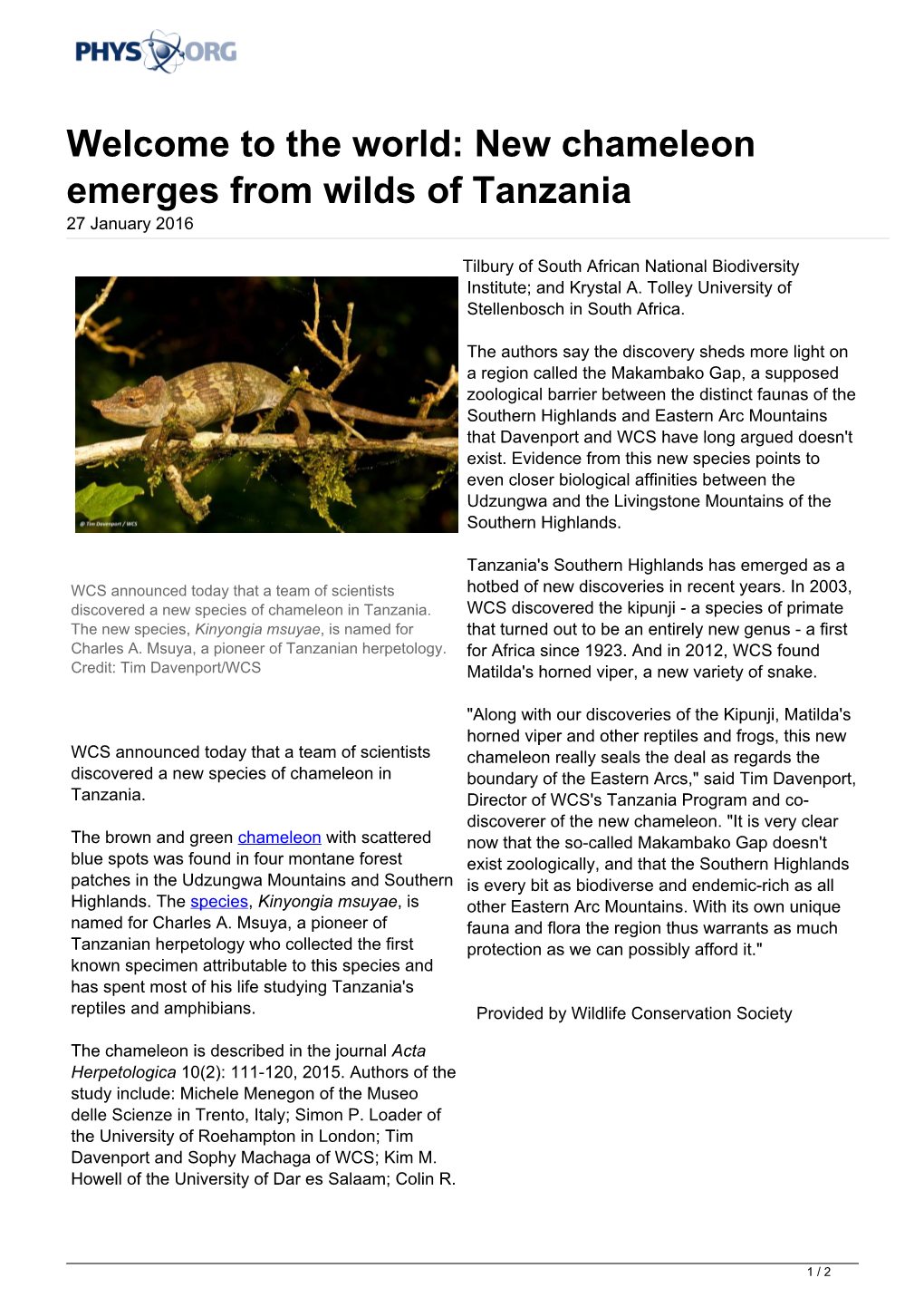 The World: New Chameleon Emerges from Wilds of Tanzania 27 January 2016