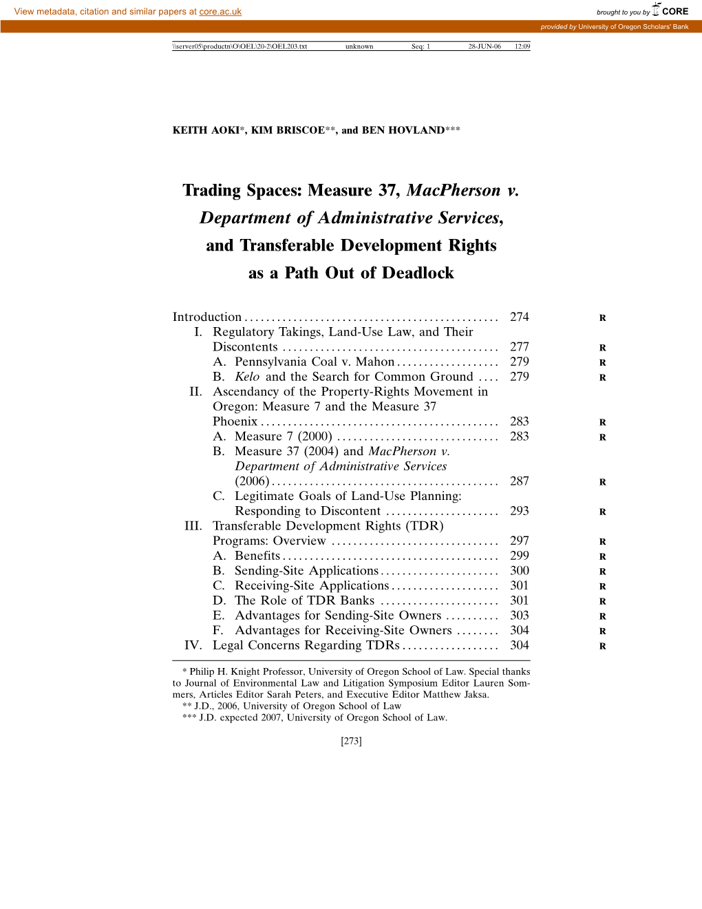 Measure 37, Macpherson V. Department of Administrative Services, and Transferable Development Rights As a Path out of Deadlock