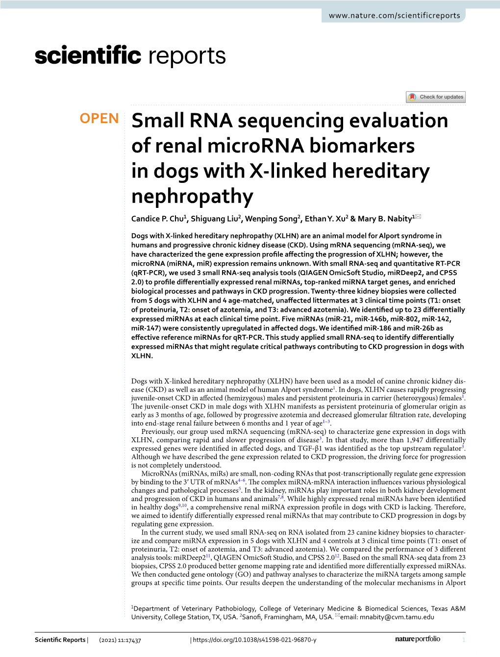 Small RNA Sequencing Evaluation of Renal Microrna Biomarkers in Dogs with X‑Linked Hereditary Nephropathy Candice P