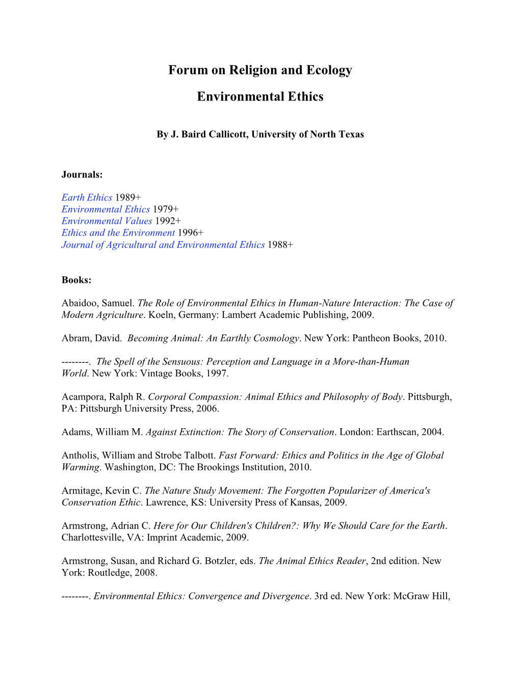 Forum on Religion and Ecology Environmental Ethics
