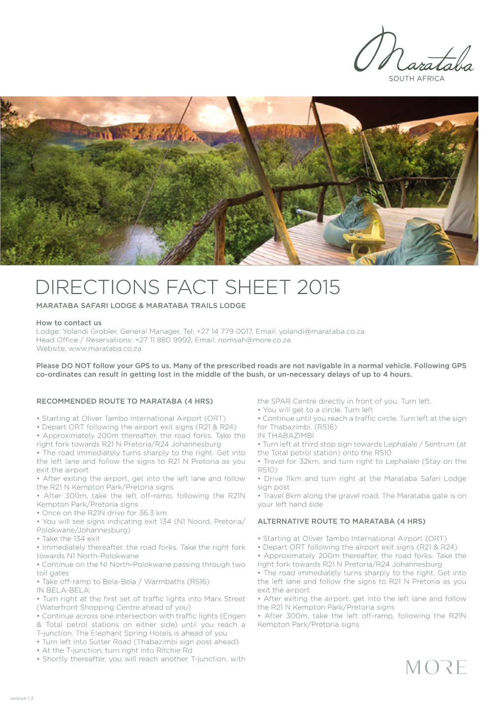 Directions Fact Sheet 2015 Marataba Safari Lodge & Marataba Trails Lodge