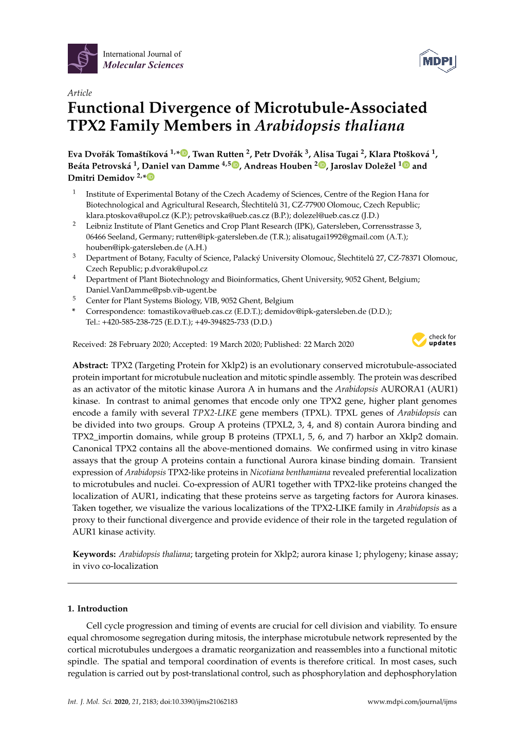 Functional Divergence of Microtubule-Associated TPX2 Family Members in Arabidopsis Thaliana