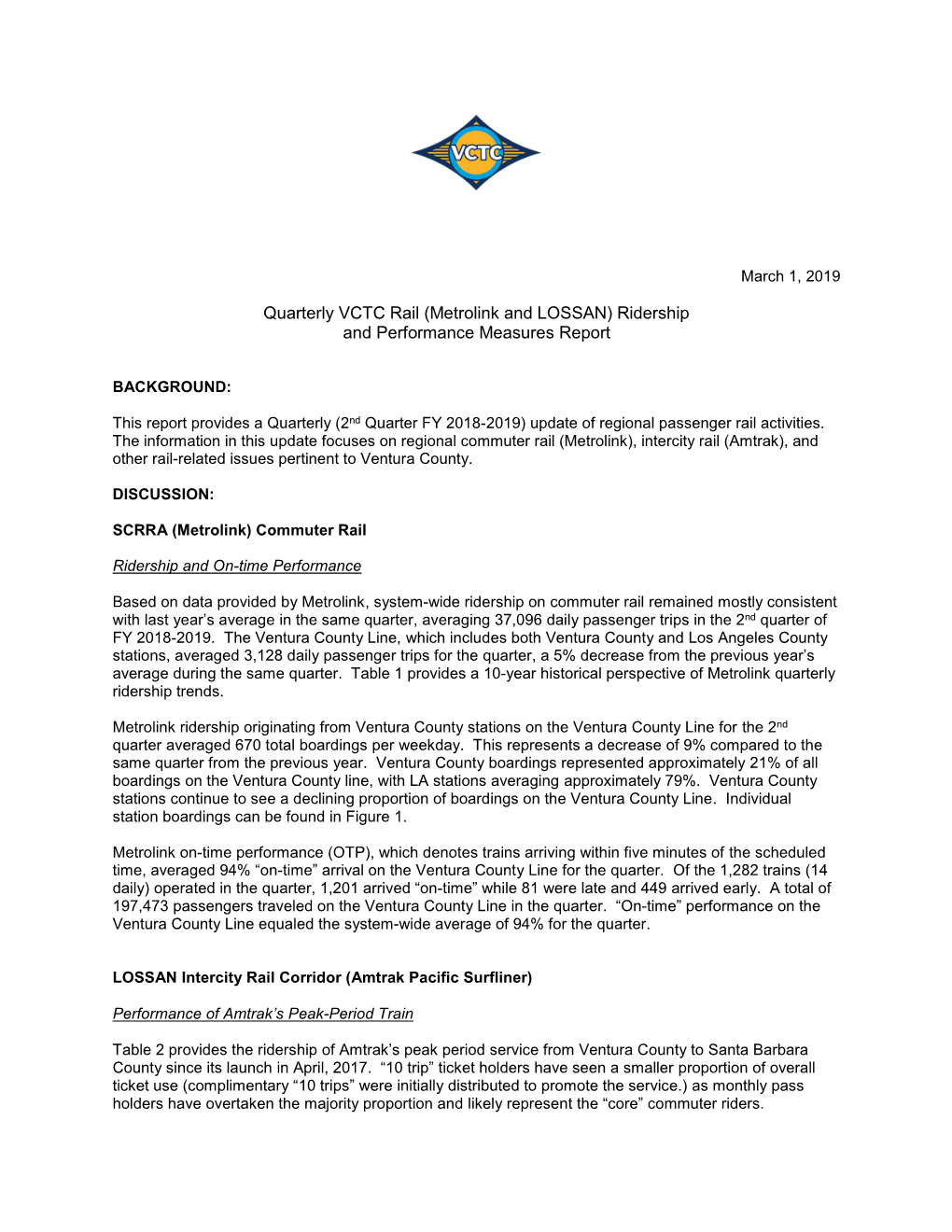 Quarterly VCTC Rail (Metrolink and LOSSAN) Ridership and Performance Measures Report