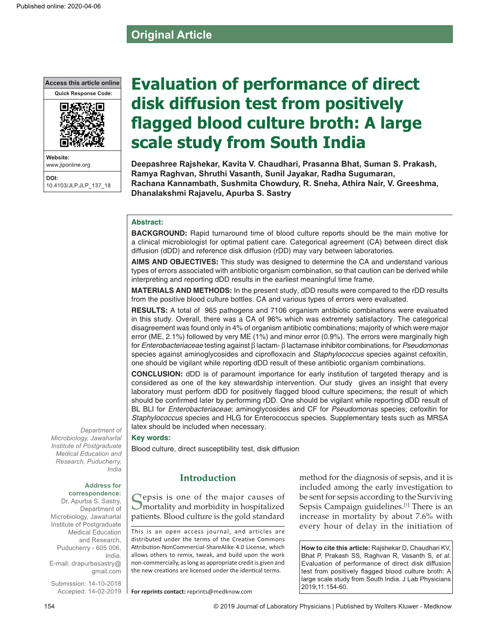 Evaluation of Performance of Direct Disk Diffusion Test from Positively