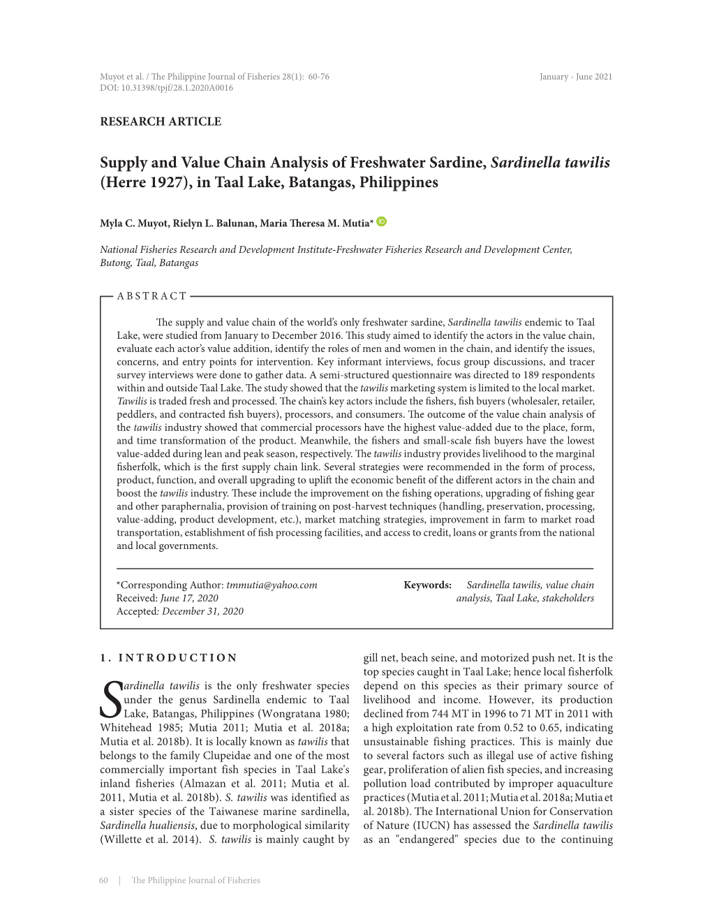 Supply and Value Chain Analysis of Freshwater Sardine, Sardinella Tawilis (Herre 1927), in Taal Lake, Batangas, Philippines