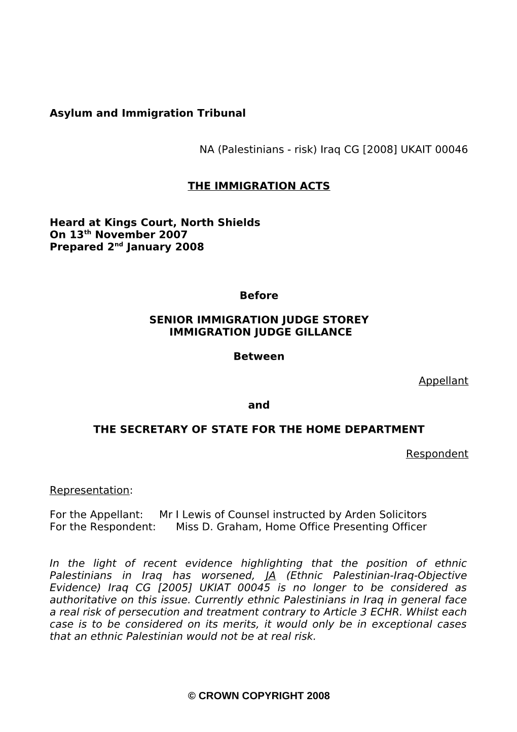 (Palestinians - Risk) Iraq CG [2008] UKAIT 00046