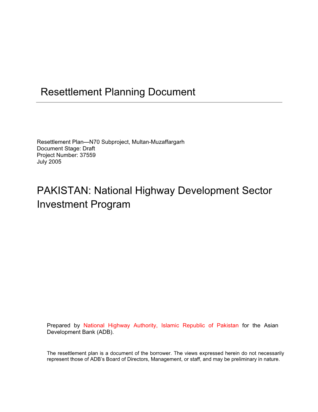 PAKISTAN: National Highway Development Sector Investment Program