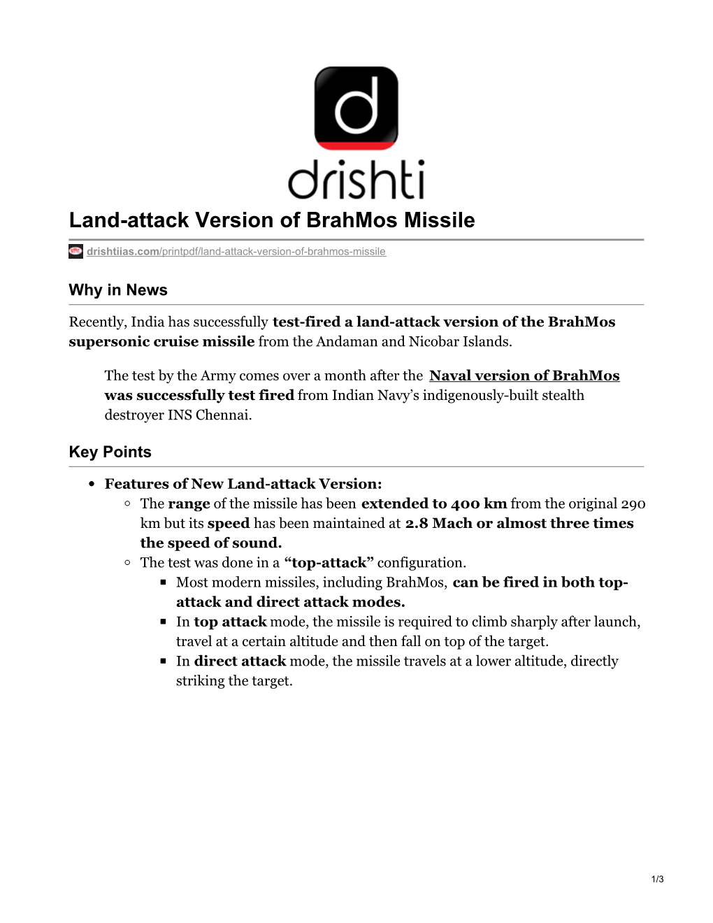 Land-Attack Version of Brahmos Missile