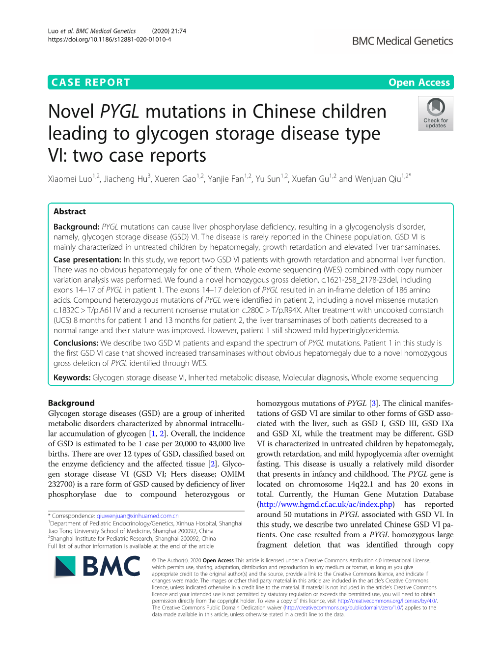 Novel PYGL Mutations in Chinese Children Leading to Glycogen