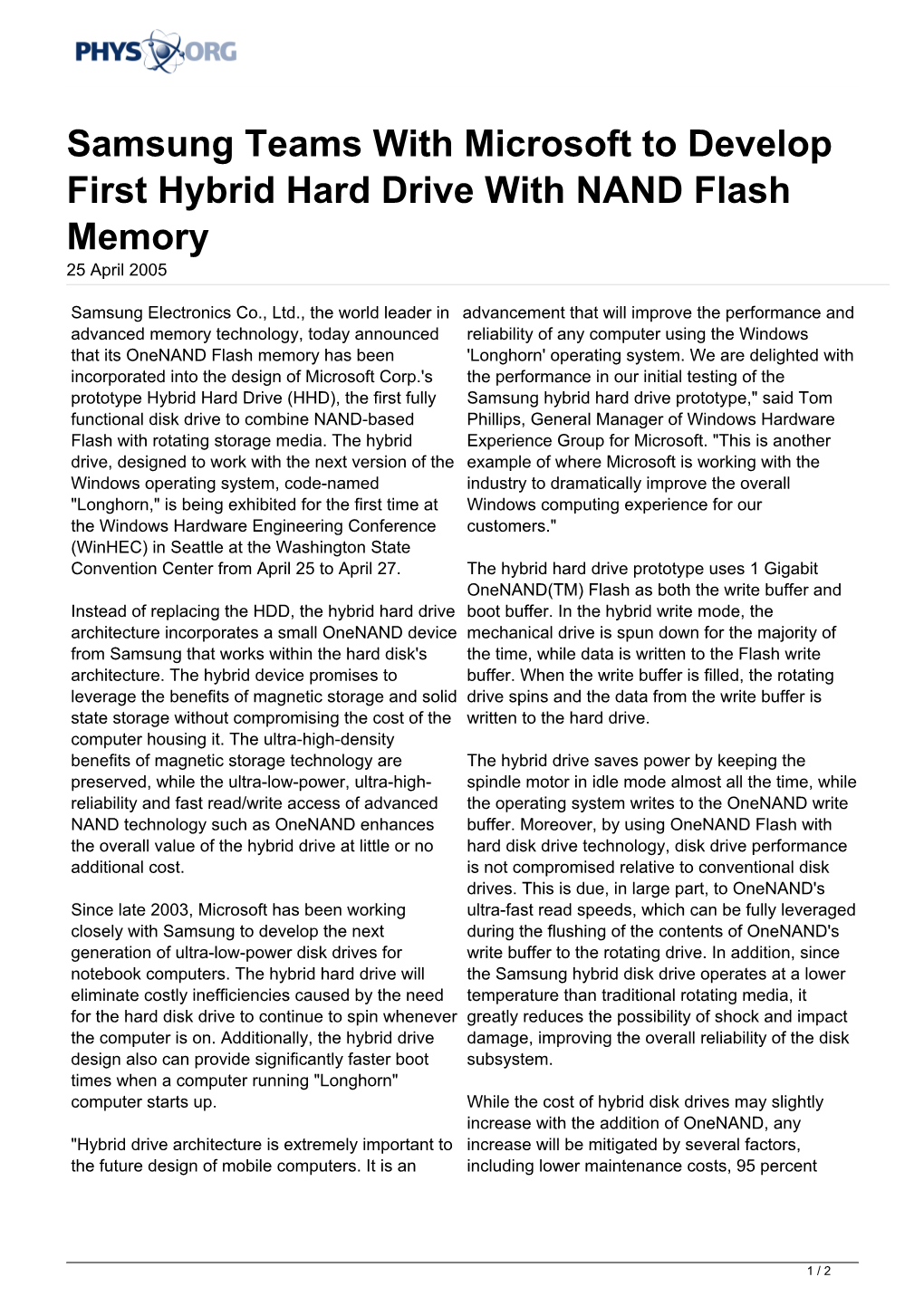 Samsung Teams with Microsoft to Develop First Hybrid Hard Drive with NAND Flash Memory 25 April 2005